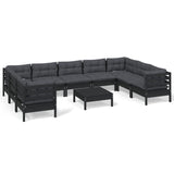 10 Piece Garden Lounge Set with Cushions Black Pinewood - Front View