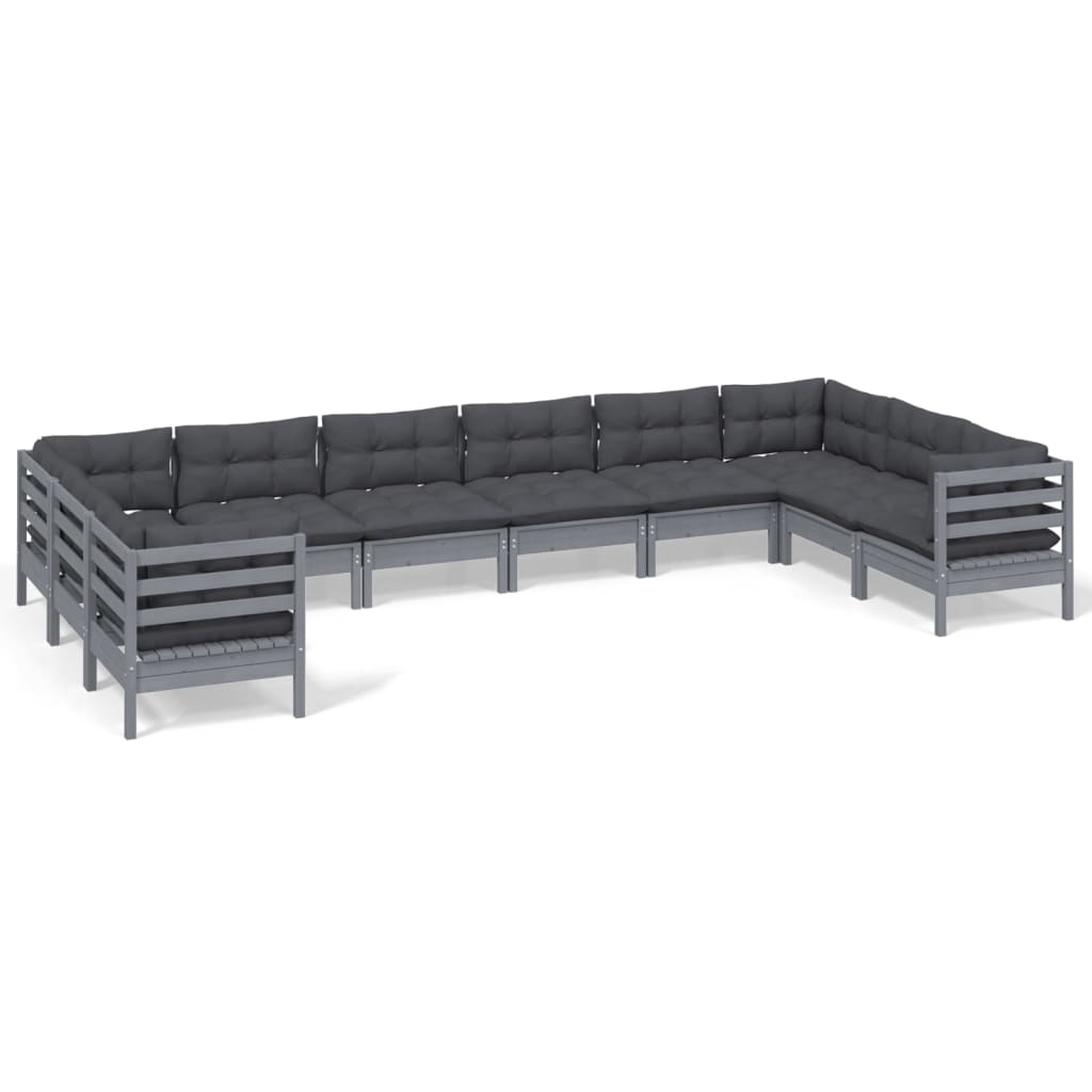 10 Piece Garden Lounge Set with Cushions Grey Pinewood