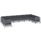 10 Piece Garden Lounge Set with Cushions Grey Pinewood