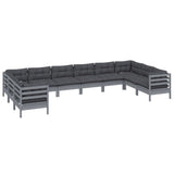 10 Piece Garden Lounge Set with Cushions Grey Pinewood - Side View