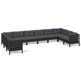 10 Piece Garden Lounge Set with Cushions Black Pinewood - Front View