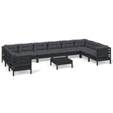 11 Piece Garden Lounge Set with Cushions Black Pinewood - Front View