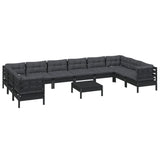 11 Piece Garden Lounge Set with Cushions Black Pinewood - Side View