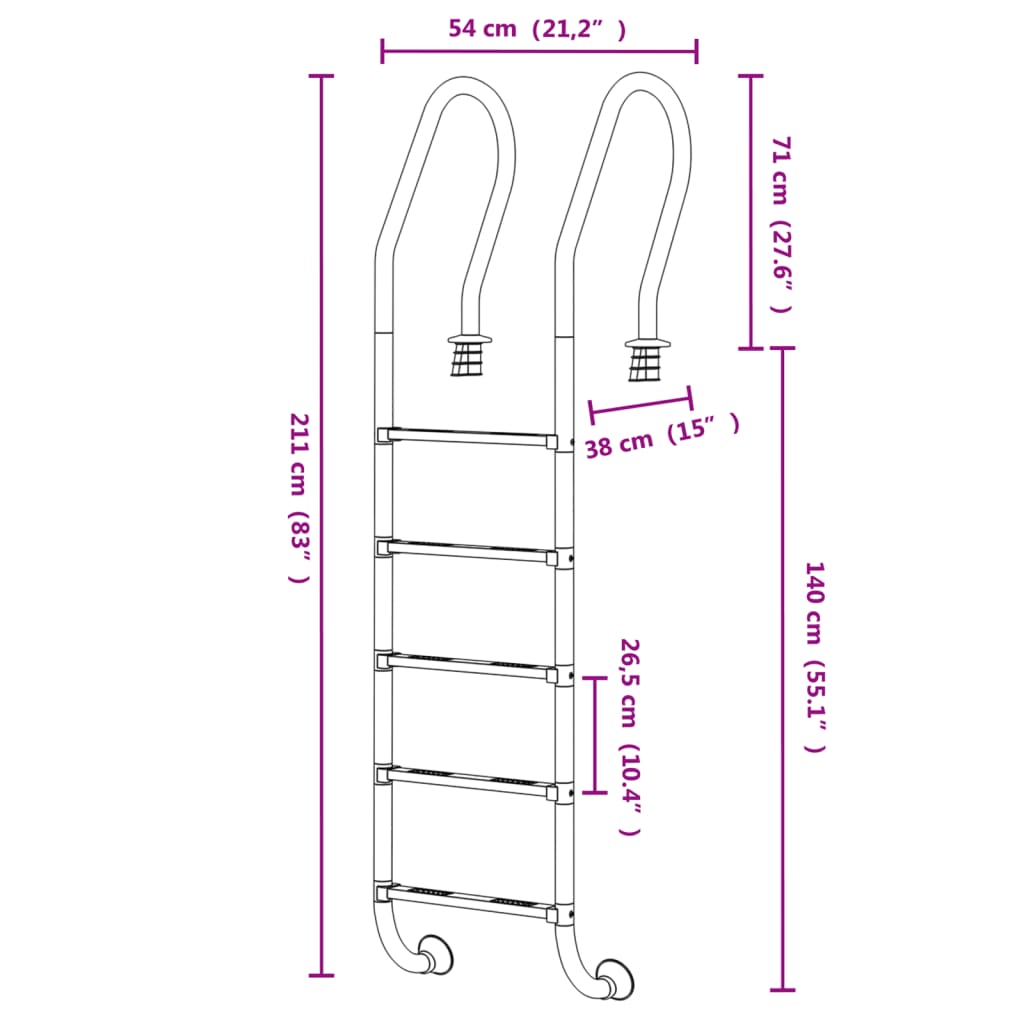 Pool Ladder 54x38x211 cm 304 Stainless Steel