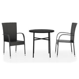 3 Piece Garden Dining Set Poly Rattan Black - Front View