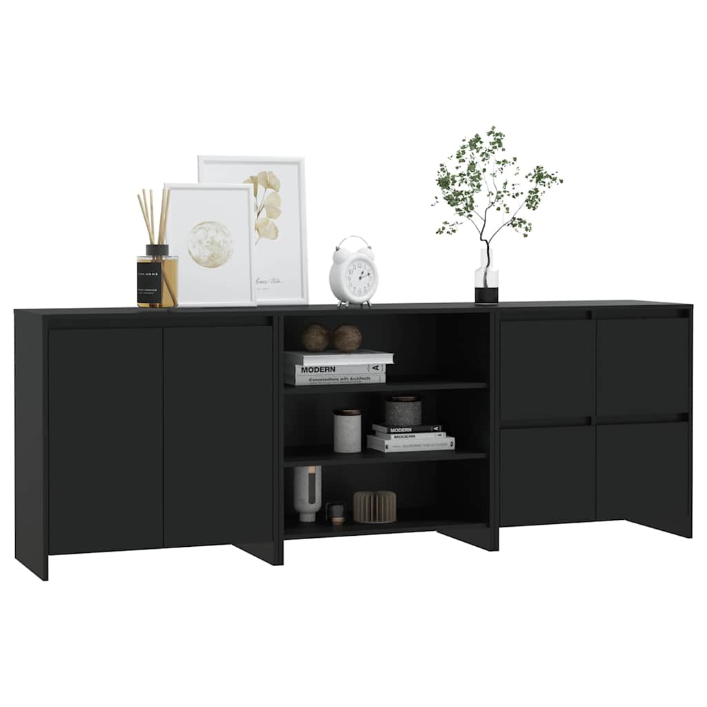 3 Piece Sideboard Black Engineered Wood