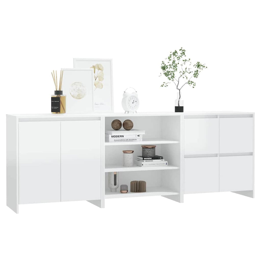 3 Piece Sideboard High Gloss White Engineered Wood