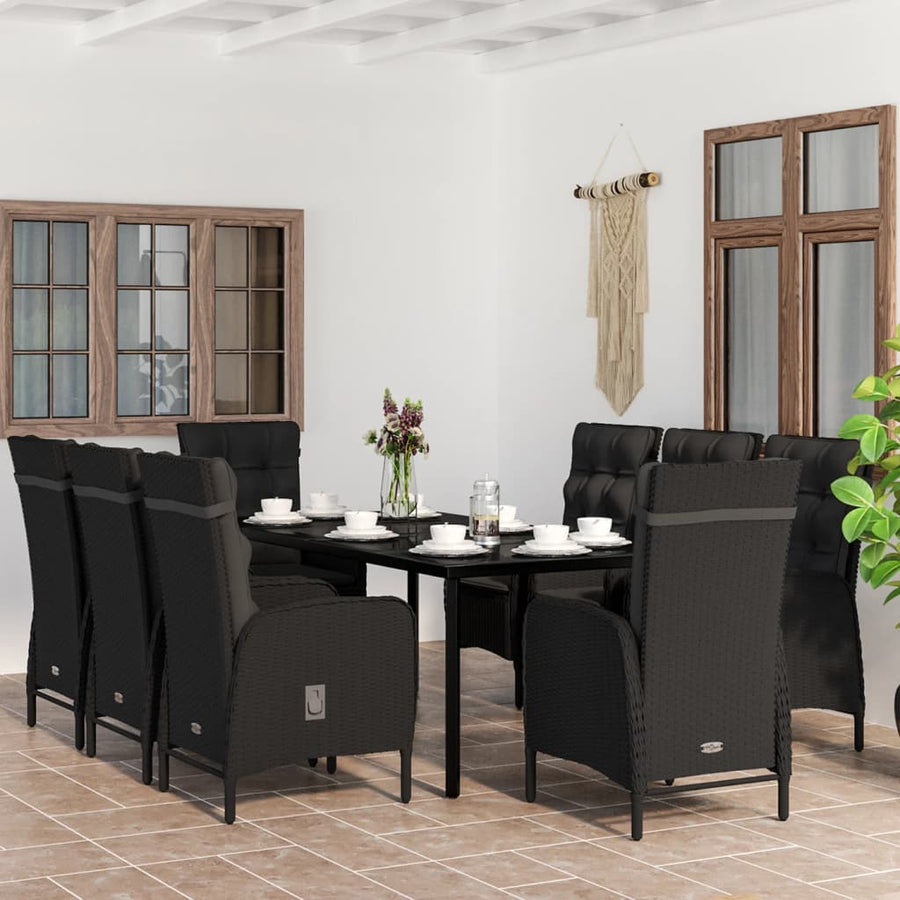9 Piece Garden Dining Set with Cushions Black