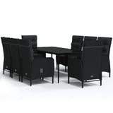 9 Piece Garden Dining Set with Cushions Black - Front View