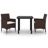 3 Piece Garden Dining Set with Cushions Poly Rattan and Glass - Front View