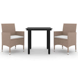 3 Piece Garden Dining Set Poly Rattan and Glass - Front View