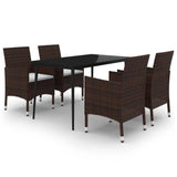 5 Piece Garden Dining Set with Cushions Poly Rattan and Glass - Front View