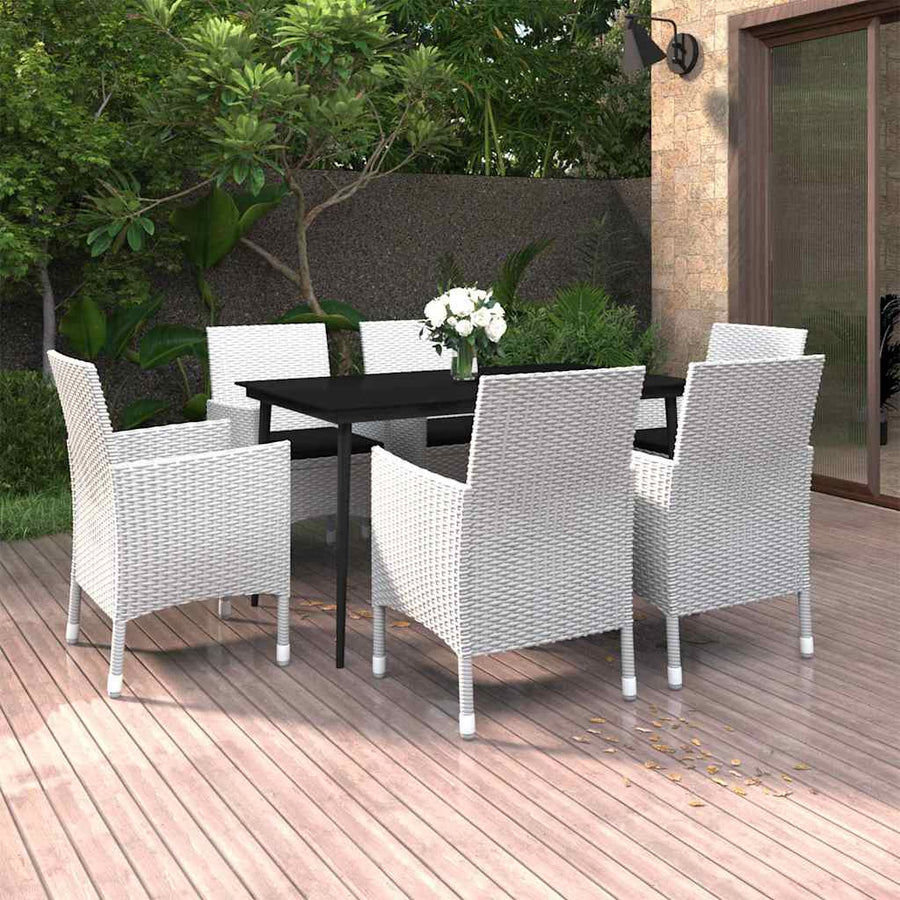 7 Piece Garden Dining Set with Cushions Poly Rattan and Glass
