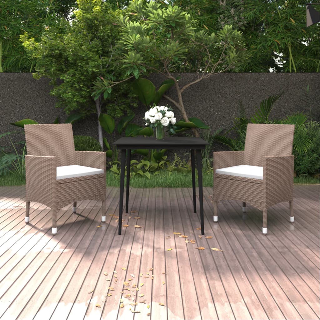 3 Piece Garden Dining Set with Cushions Poly Rattan and Glass