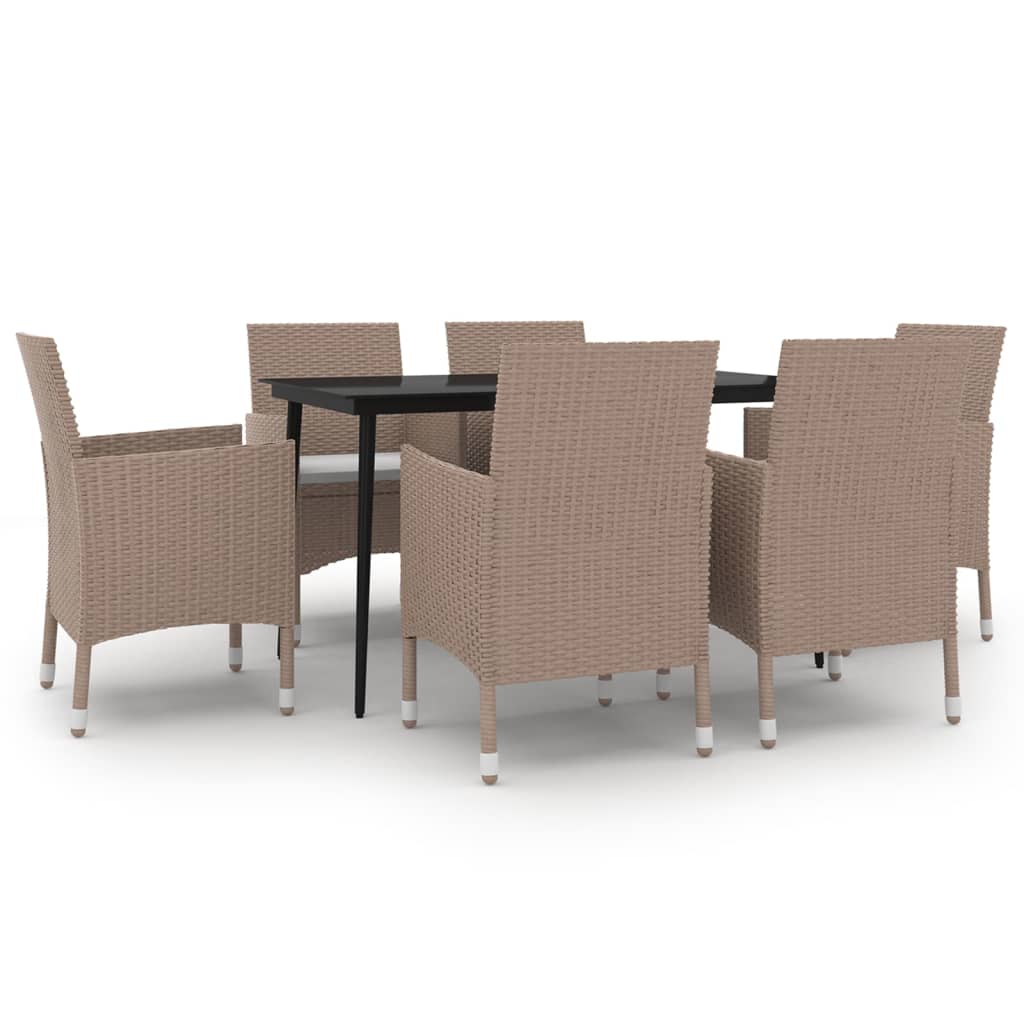 7 Piece Garden Dining Set with Cushions Poly Rattan and Glass