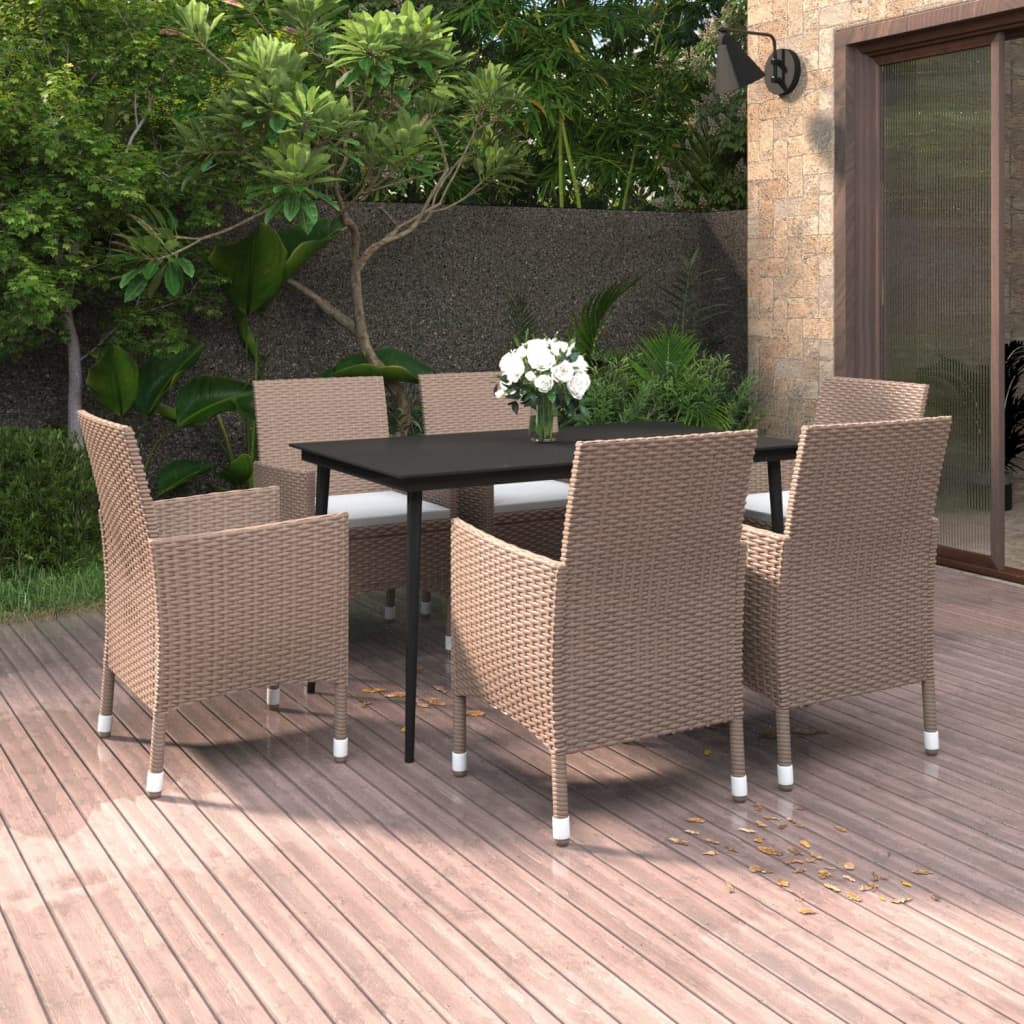 7 Piece Garden Dining Set with Cushions Poly Rattan and Glass