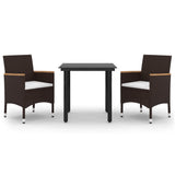 3 Piece Garden Dining Set with Cushions Poly Rattan and Glass - Front View