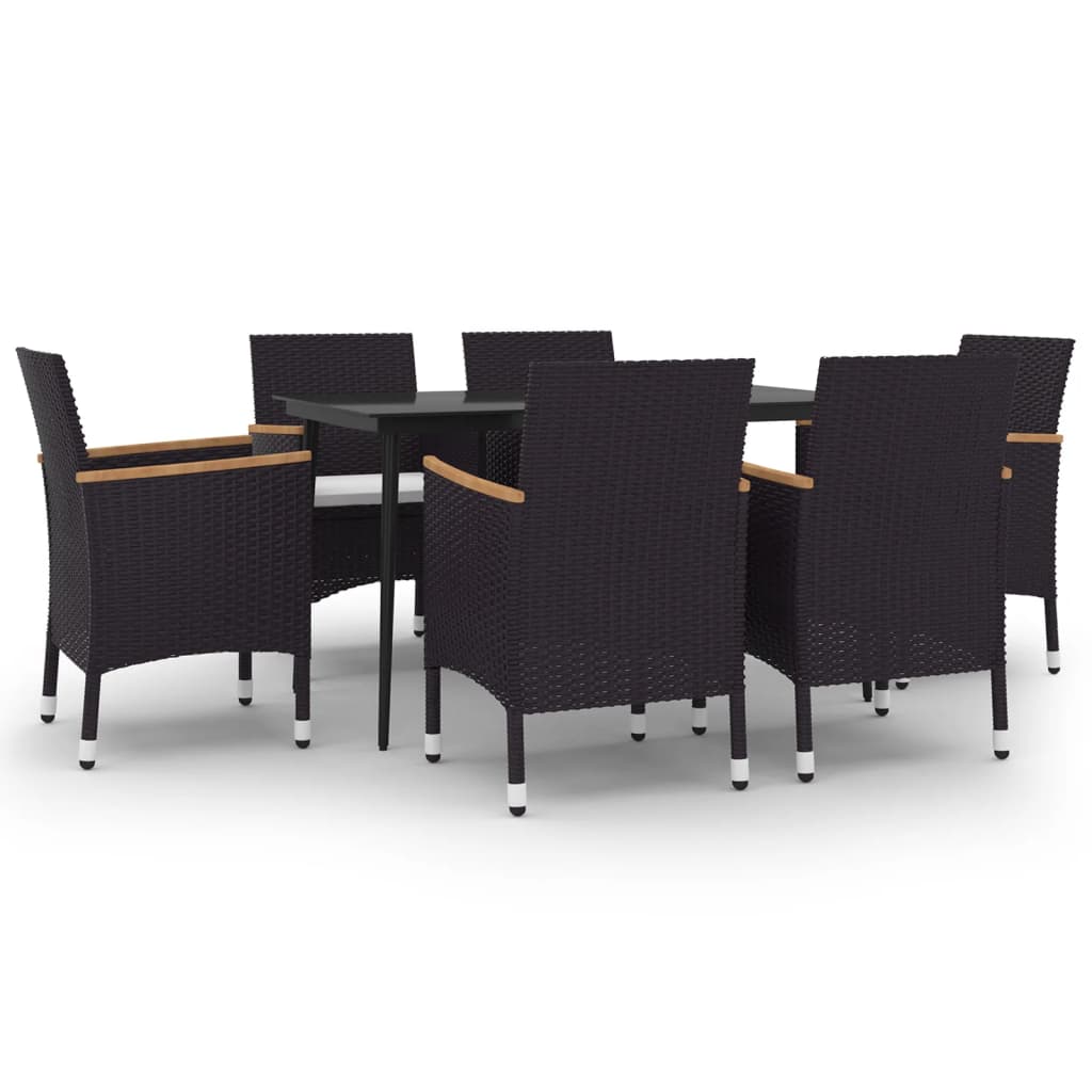 7 Piece Garden Dining Set with Cushions Poly Rattan and Glass