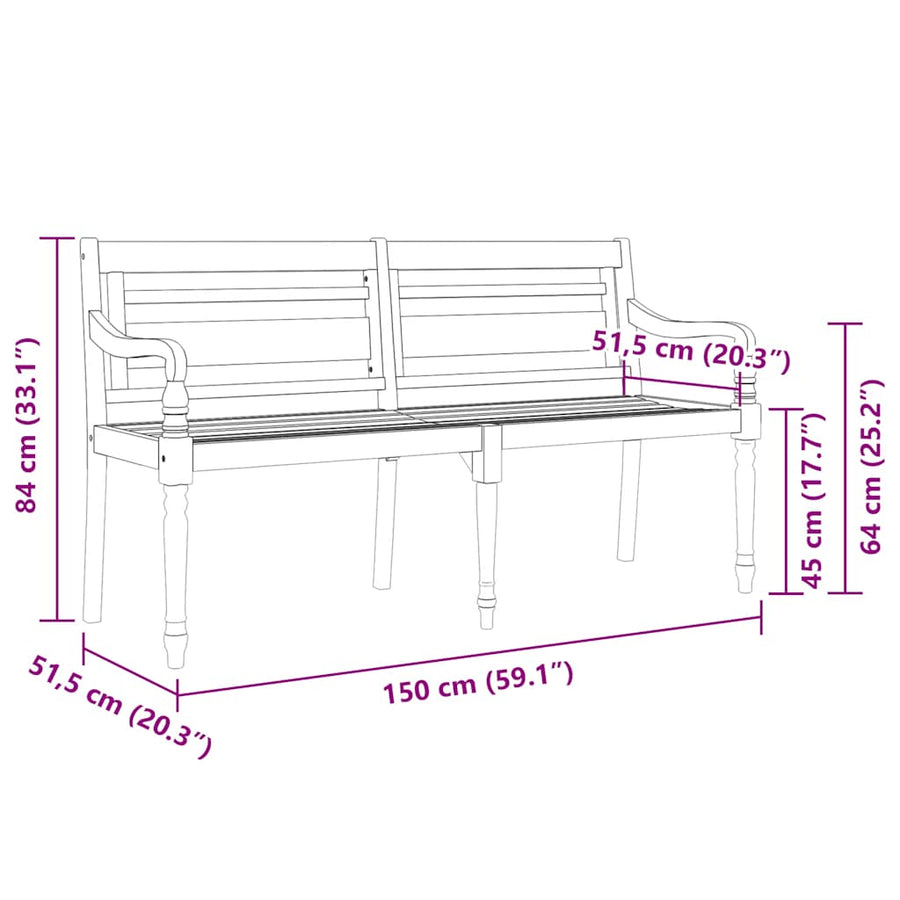 Batavia Bench with Taupe Cushion 150 cm Solid Wood Teak