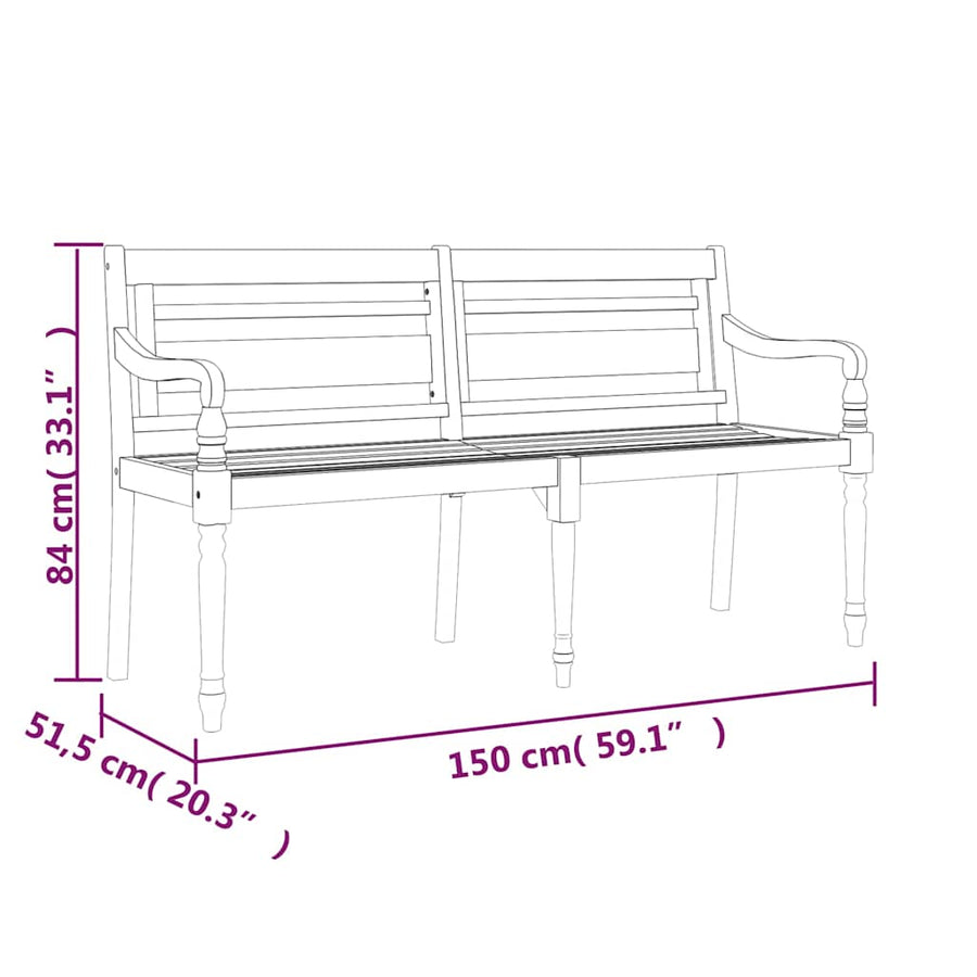 Batavia Bench with Black Cushion 150 cm Solid Wood Teak