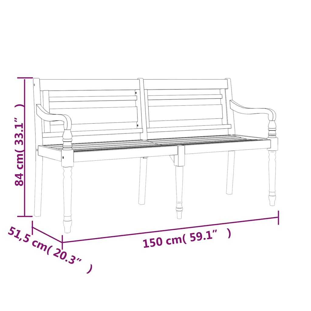 Batavia Bench with Blue Cushion 150 cm Solid Wood Teak
