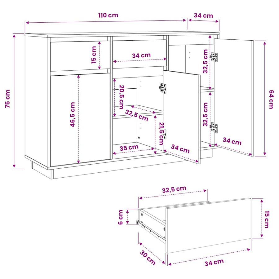 Sideboard 110x34x75 cm Solid Wood Pine