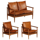 3 Piece Sofa Set Real Leather with Solid Wood Acacia Brown - Front View