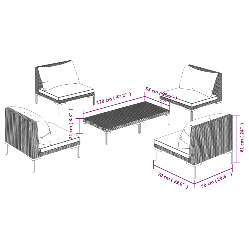 5 Piece Garden Lounge Set with Cushions Poly Rattan Dark Grey