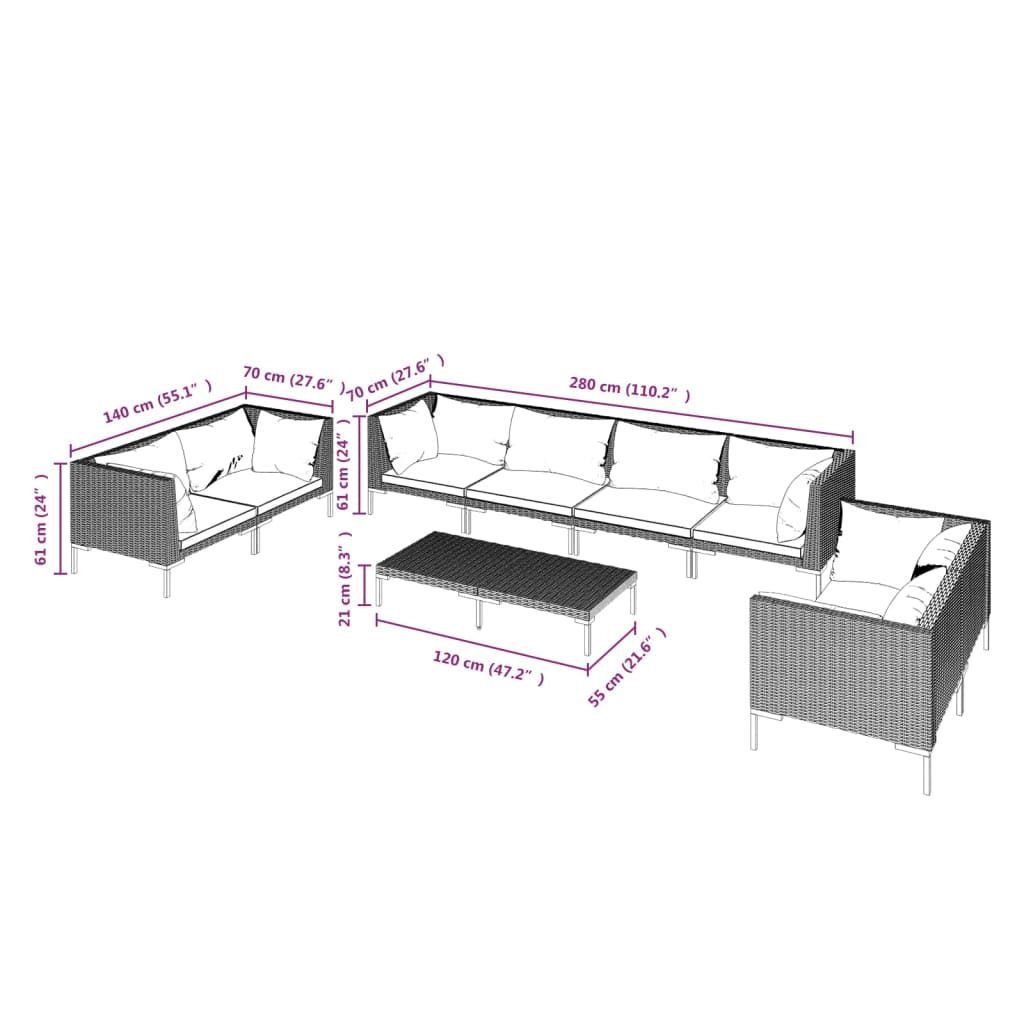 9 Piece Garden Lounge Set with Cushions Poly Rattan Dark Grey