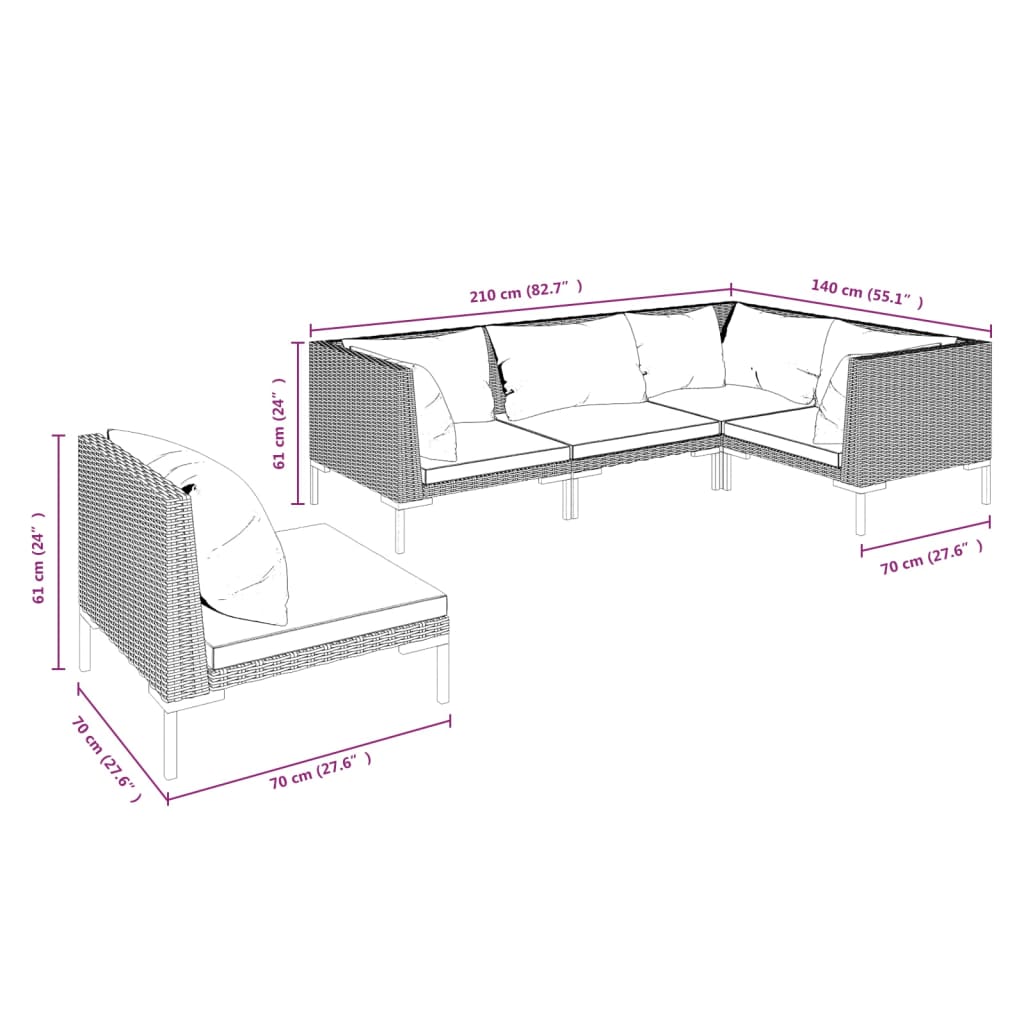 5 Piece Garden Lounge Set with Cushions Poly Rattan Dark Grey