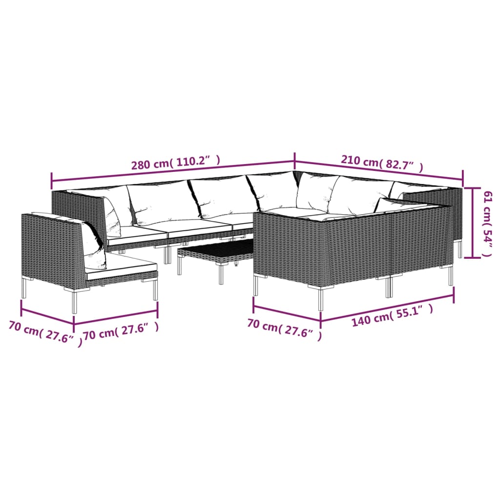 10 Piece Garden Lounge Set with Cushions Poly Rattan Dark Grey