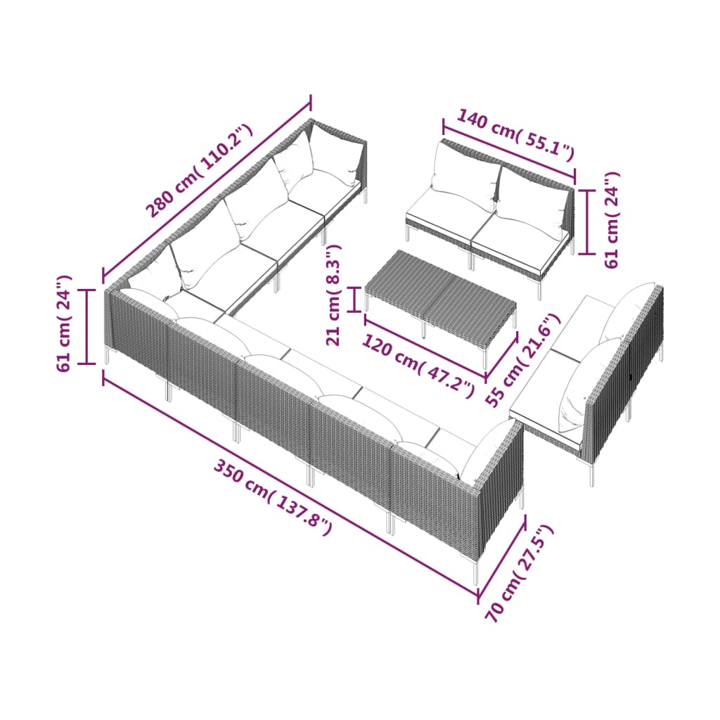 13 Piece Garden Lounge Set with Cushions Poly Rattan Dark Grey