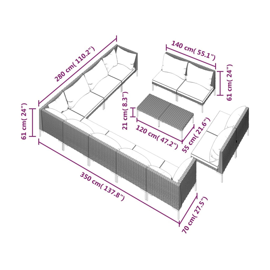 13 Piece Garden Lounge Set with Cushions Poly Rattan Dark Grey
