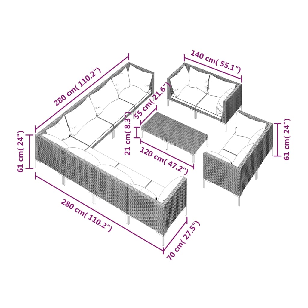 12 Piece Garden Lounge Set with Cushions Poly Rattan Dark Grey
