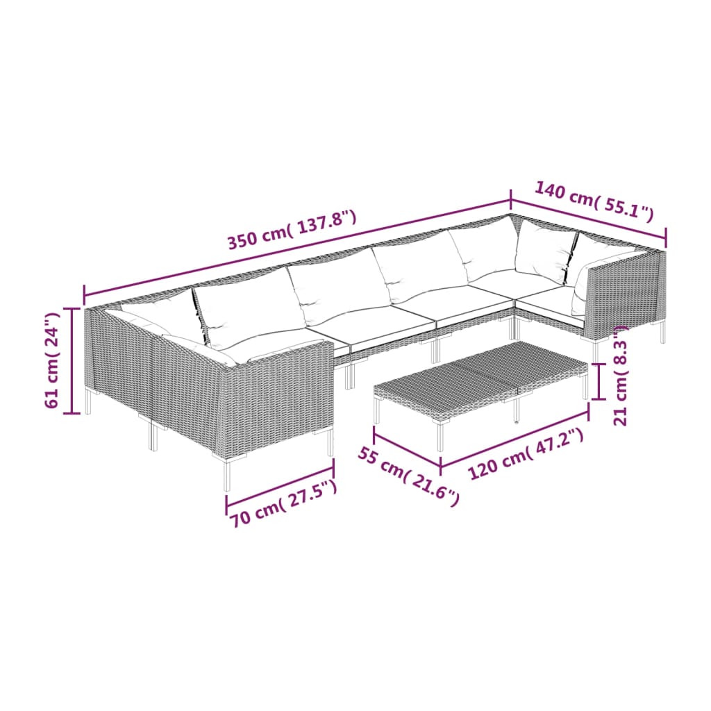 8 Piece Garden Lounge Set with Cushions Poly Rattan Dark Grey