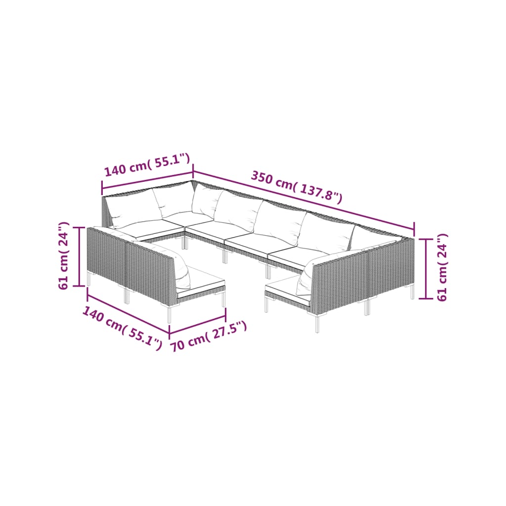 9 Piece Garden Lounge Set with Cushions Poly Rattan Dark Grey