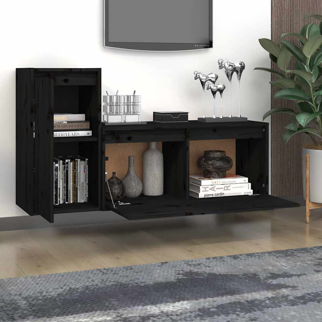 2 Piece TV Cabinet Set Black Solid Wood Pine