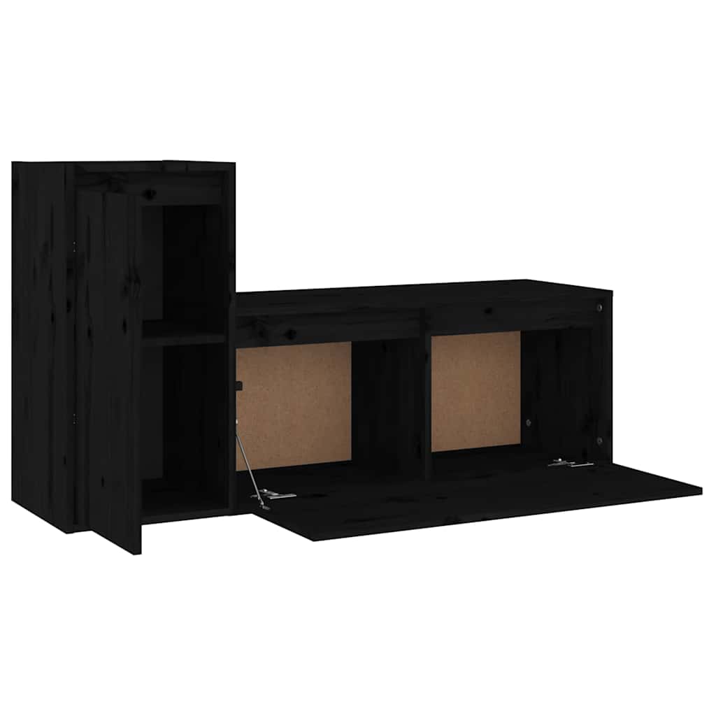2 Piece TV Cabinet Set Black Solid Wood Pine