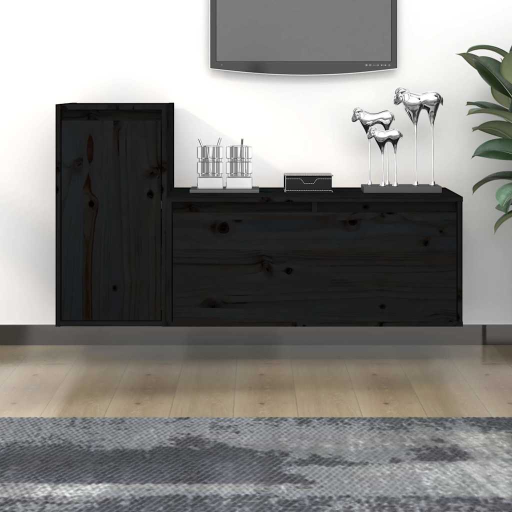 2 Piece TV Cabinet Set Black Solid Wood Pine