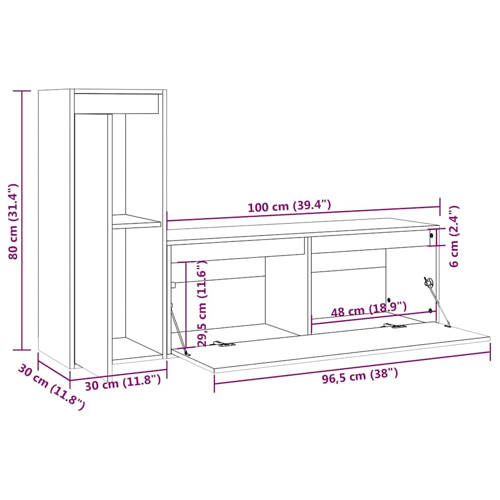 2 Piece TV Cabinet Set Solid Wood Pine