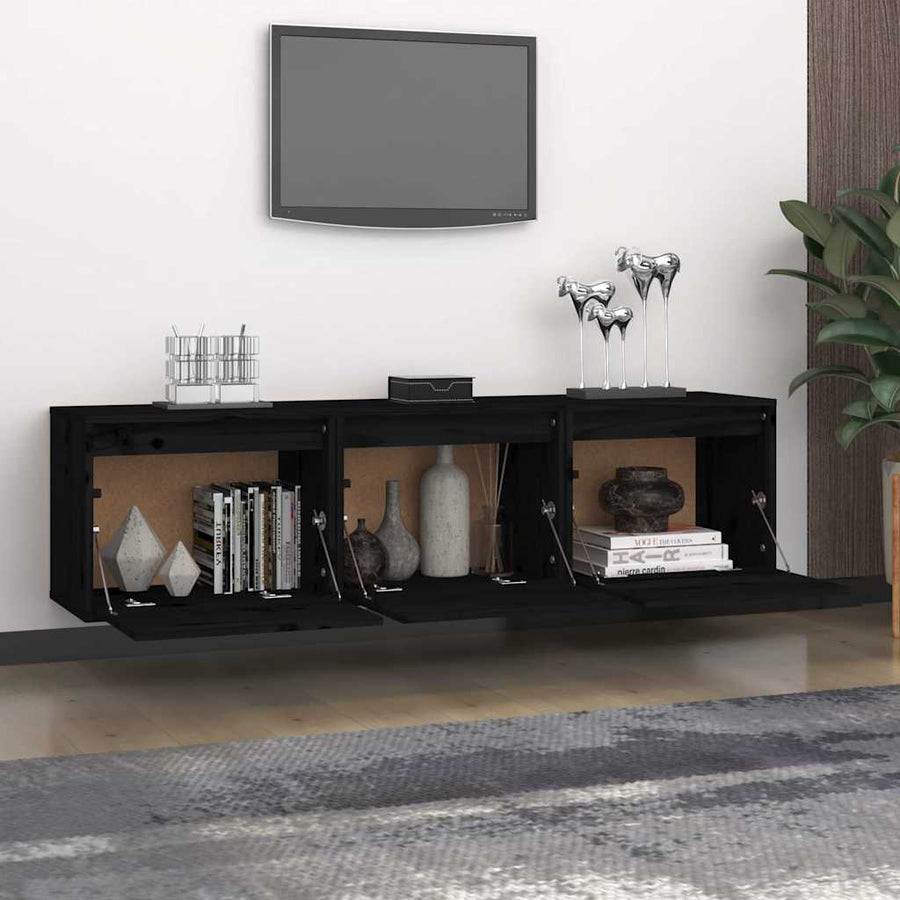 3 Piece TV Cabinet Set Black Solid Wood Pine