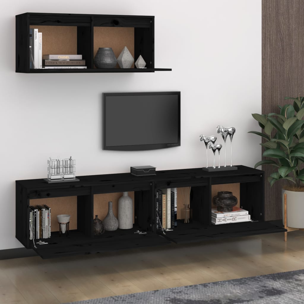 TV Cabinets 3 pcs Black Solid Wood Pine