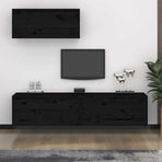 3 Piece TV Cabinet Set Black Solid Wood Pine