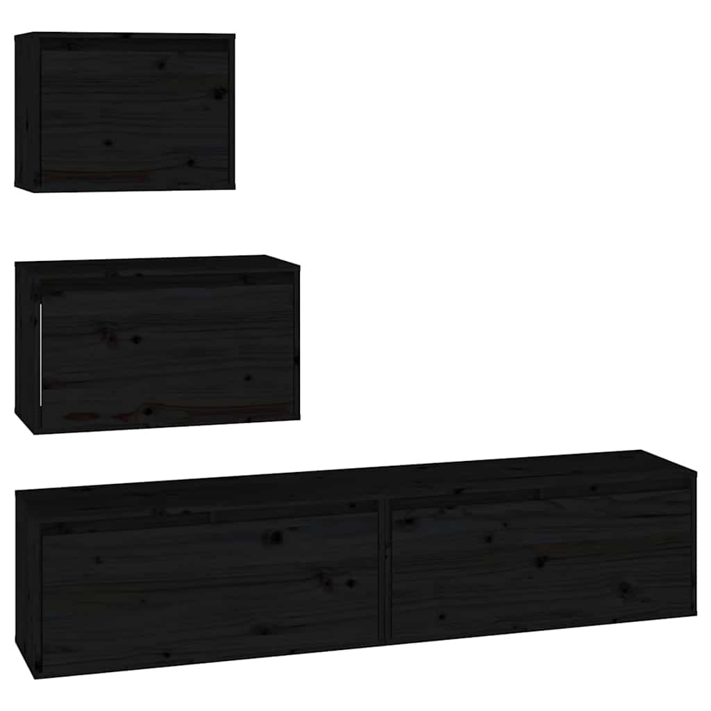 4 Piece TV Cabinet Set Black Solid Wood Pine
