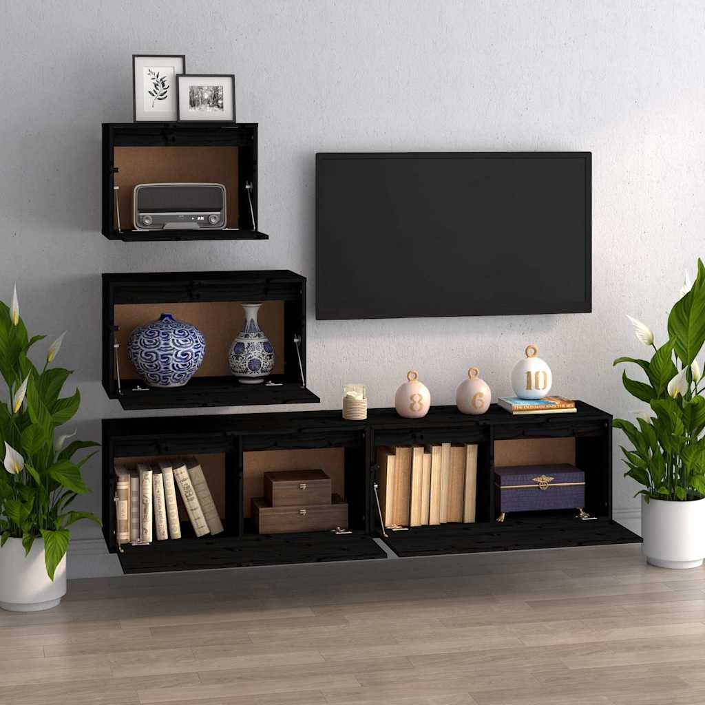 4 Piece TV Cabinet Set Black Solid Wood Pine