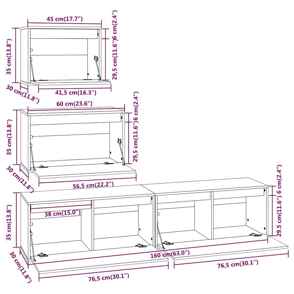 4 Piece TV Cabinet Set Black Solid Wood Pine