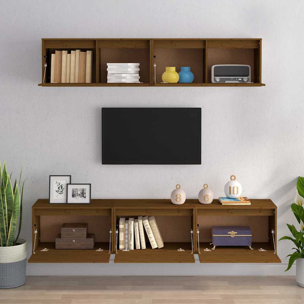 5 Piece TV Cabinet Set Honey Brown Solid Wood Pine