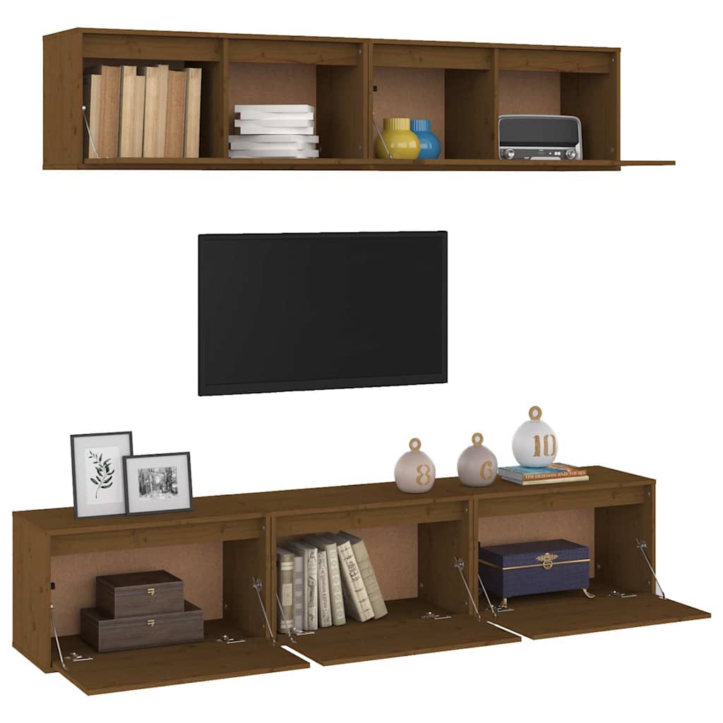 5 Piece TV Cabinet Set Honey Brown Solid Wood Pine