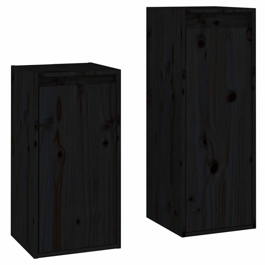 2 Piece TV Cabinet Set Black Solid Wood Pine