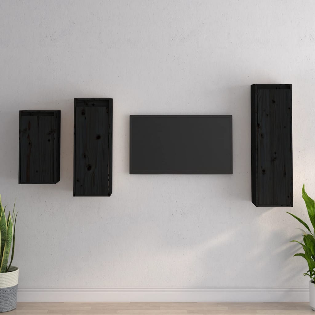 TV Cabinets 3 pcs Black Solid Wood Pine